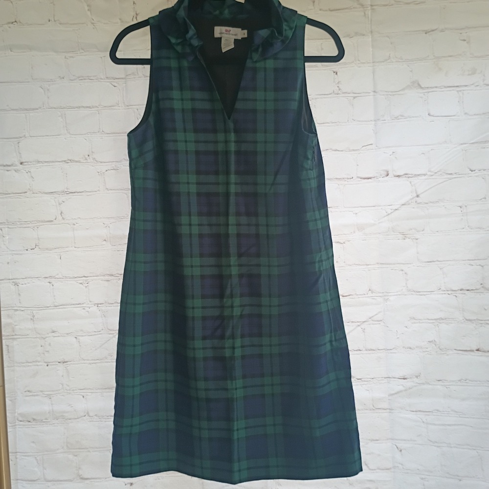 Vineyard Vines Womens Black Watch Plaid Ruffle Collar Shift Dress Green Blue 4